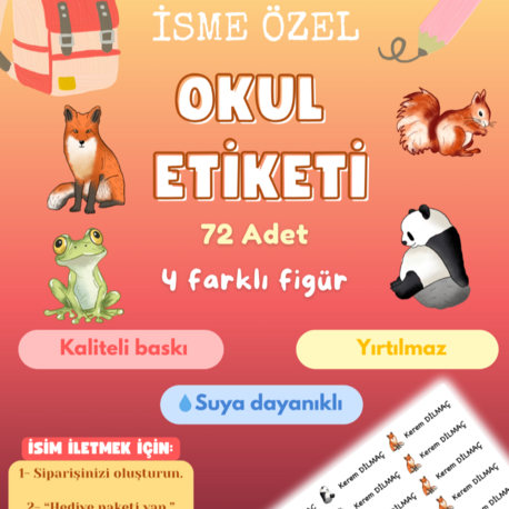 72 Adet Hayvan Temalı Kişiye Özel Okul Etiketi İsim Yazılabilen Etiket Kalem Defter Etiket 2