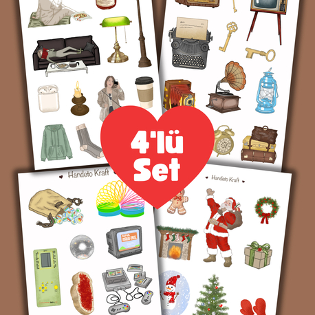 Vintage Çoklu Sticker Seti, 4lü sticker, Noel sticker, 8x12 cm, çıkartma, bujo, etiket