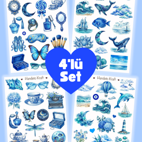 4'lü Blue Aesthetic Sticker Seti, Planner Etiket, Çıkartma, Çoklu Sticker, Journal Sticker