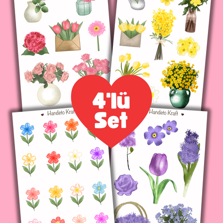 Çiçek temalı 4lü Çoklu Sticker Seti, 8x12 cm, çıkartma, bullet journal, scrapbook, etiket