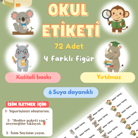 72 Adet Safari Temalı Kişiye Özel Okul Etiketi İsim Yazılabilen Etiket Kalem Defter Etiket