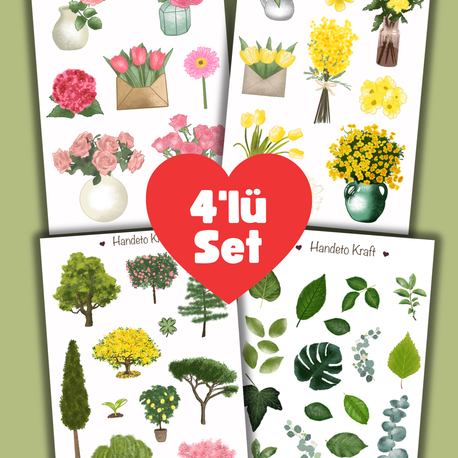 Bitki Çoklu Sticker Seti, 4lü sticker, Yarı şeffaf sticker, 8x12 cm, çıkartma, kola
