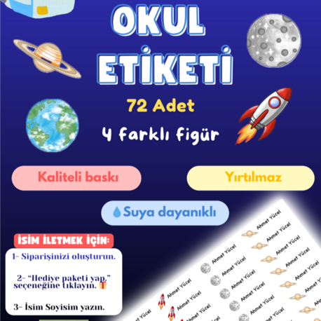72 Adet Uzay Temalı Kişiye Özel Okul Etiketi İsim Yazılabilen Etiket Kalem Defter Etiket
