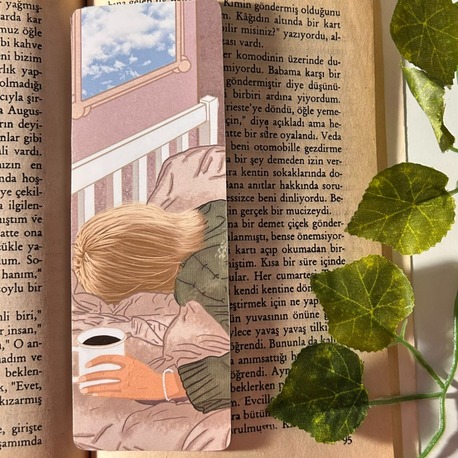 Uyku ve kahve temalı kitap ayracı