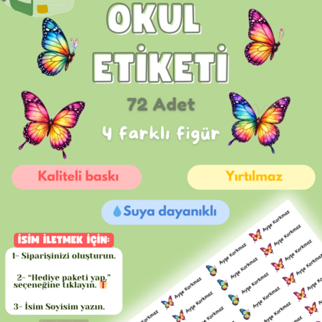 72 Adet Kelebek Temalı Kişiye Özel Okul Etiketi İsim Yazılabilen Etiket Kalem Defter Etiket