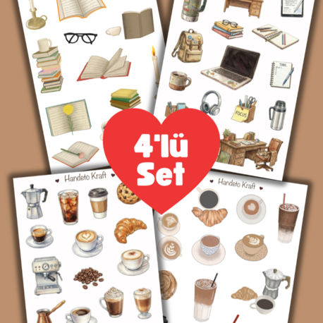 4'lü Ofis ve Ders Sticker Seti, Planner Etiket, Çıkartma, Çoklu Sticker, Journal Sticker