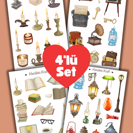 Vintage sticker seti 4'lü Set, 8x12 cm, çıkartma, bullet journal, scrapbook, kolaj, etiket