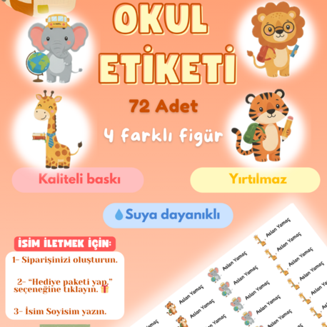 72 Adet Safari Temalı Kişiye Özel Okul Etiketi İsim Yazılabilen Etiket Kalem Defter Etiket