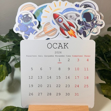 Uzay Temalı Ahşap Ayaklı Özel Tasarım Takvim 2026 Takvim Masa Takvimi Yılbaşı