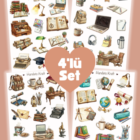 4'lü Vintage Ders Çalışma Sticker Seti, Planner Etiket, Çıkartma