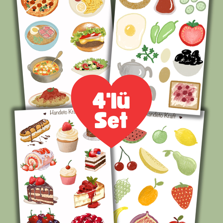 Yiyecek temalı 4lü Çoklu Sticker Seti, 8x12 cm, çıkartma, bullet journal, scrapbook, etiket