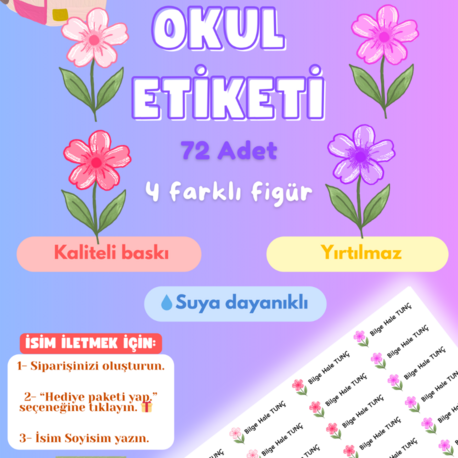 72 Adet Mor Çiçek Temalı Kişiye Özel Okul Etiketi İsim Yazılabilen Etiket Kalem Defter Etiket