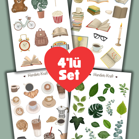 Kitap temalı 4lü Çoklu Sticker Seti, 8x12 cm, çıkartma, bullet journal, scrapbook, etiket