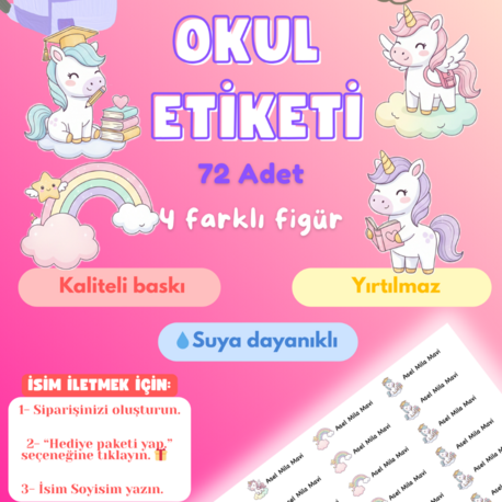 72 Adet Unicorn Temalı Kişiye Özel Okul Etiketi İsim Yazılabilen Etiket Kalem Defter Etiket