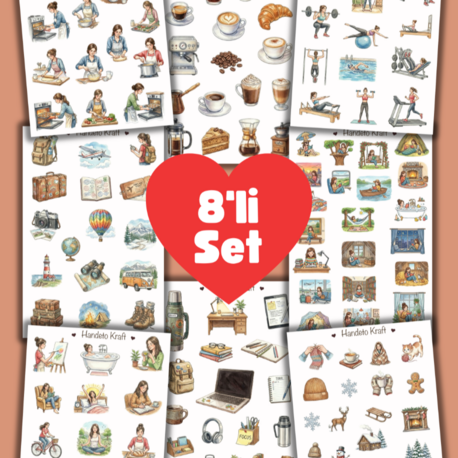 8'li Hobi ve Mod Sticker Seti, Planner Etiket, Çıkartma, Çoklu Sticker, Journal Sticker
