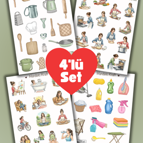 4'lü Mutfak ve Temizlik Sticker Seti, Planner Etiket, Çıkartma, Çoklu Sticker, Journal Sticker