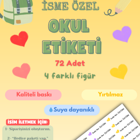 72 Adet Kalp Temalı Kişiye Özel Okul Etiketi İsim Yazılabilen Etiket Kalem Defter Etiket