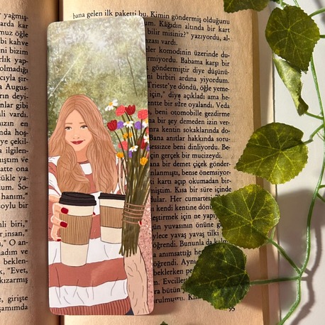 Kahve ve çiçek temalı kitap ayracı