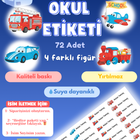 72 Adet Araba Temalı Kişiye Özel Okul Etiketi İsim Yazılabilen Etiket Kalem Defter Etiket