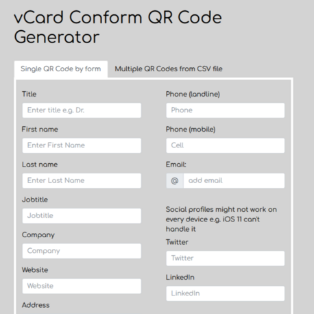 vCard Conform QR Code Generator