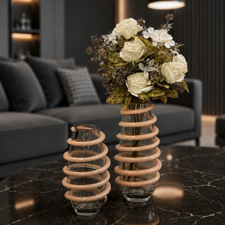 2 Lİ HANDMADE SARMAL DETAYLI ARAJMAN ÇİÇEKLİ VAZO SETİ