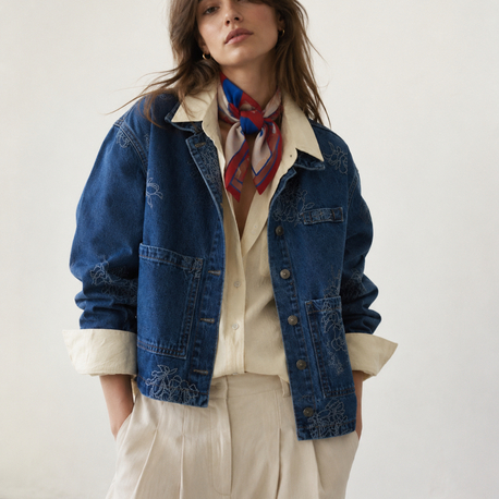 Çiçek Nakışlı Denim Ceket