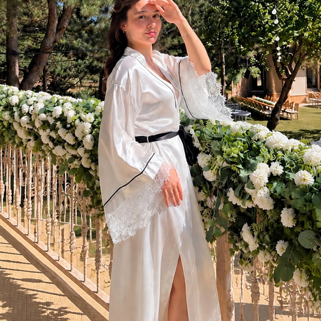 Kimono Kol Biyeli Dantelli Sabahlık | 120 cm