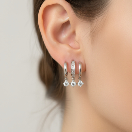 3lü görünümlü Taşlı Silver Küpe