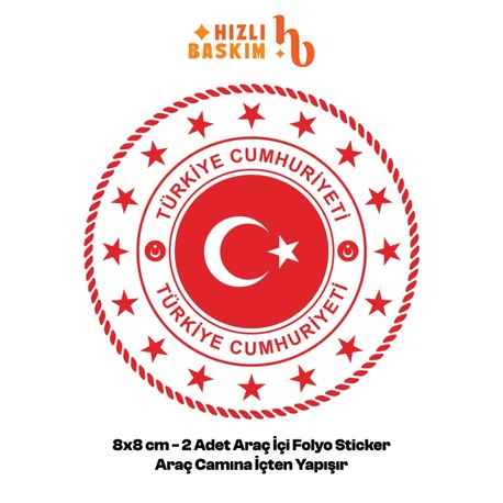 Türkiye Cumhuriyeti Logo 8x8 cm 2 Adet | Araç Ön Cam Sticker Cama İçten Yapışır