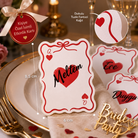 25 Adet Kişiye Özel İsimli İskambil Queen Kartı 6x8,5 cm | Bride Bachelorette Etkinlik Kartı