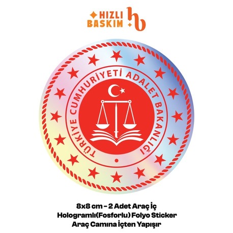 Hologramlı Adalet Bakanlığı Logo 8x8 cm 2 Adet | Araç Ön Cam Sticker Cama İçten Yapışır