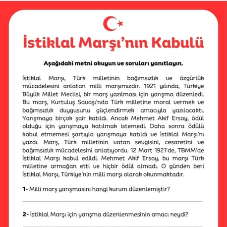 Belirli gün ve Haftalar Okuma Anlama 4.sınıf