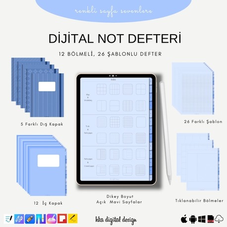 12 Bölmeli 26 Şablonlu Mavi Sayfalı Defter