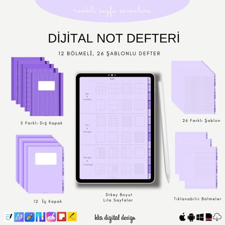 12 Bölmeli 26 Şablonlu Lila Sayfalı Defter