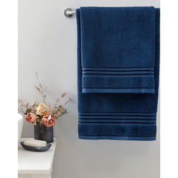 English Home Romantic Stripe Pamuklu Floşlu Banyo Havlusu Takımı Lacivert