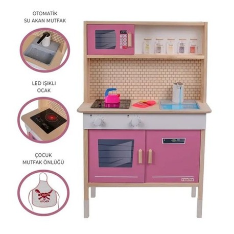 Toysilla Musluktan Su Akan Ve Led'li Pembe Ahşap Çocuk Mutfak Seti - T1032