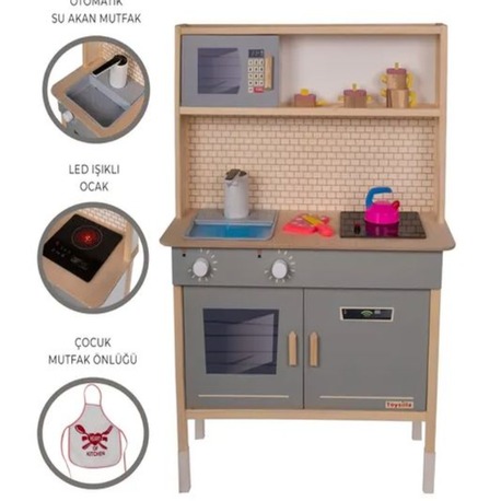 Toysilla Musluktan Su Akan Ve Led'li Ahşap Çocuk Mutfak Seti - T1030