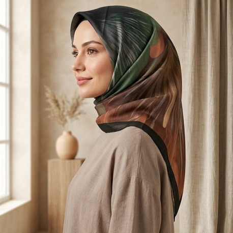 FRESH PAMUK JAPON GÜLÜ DESEN ASKERİ YEŞİL EŞARP