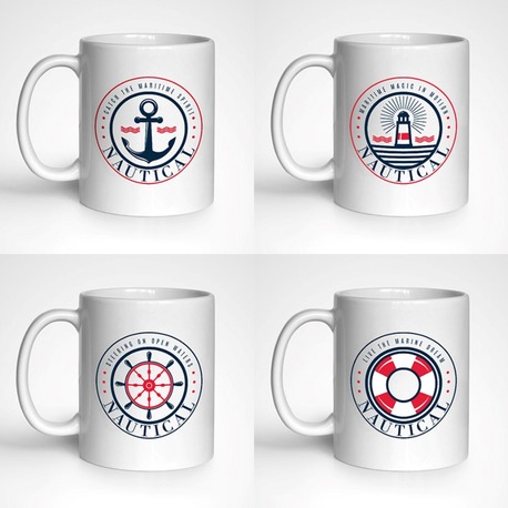 Denizcilik Rozetleri Temalı 4 adet Beyaz Kupa Bardak Seti , Mug, Marin, Deniz, Sailing