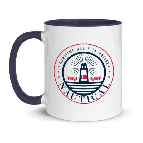 Denizcilik Rozeti 2 Temalı Mavi Kulplu Kupa Bardak, Mug, Hediyelik, Marin, Deniz, Tekne, Sailing