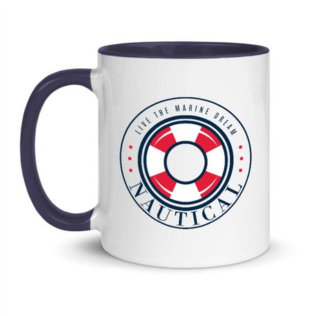 Denizcilik Rozeti 3 Temalı Mavi Kulplu Kupa Bardak, Mug, Hediyelik, Marin, Deniz, Tekne, Sailing