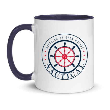 Denizcilik Rozeti 3 Temalı Mavi Kulplu Kupa Bardak, Mug, Hediyelik, Marin, Deniz, Tekne, Sailing