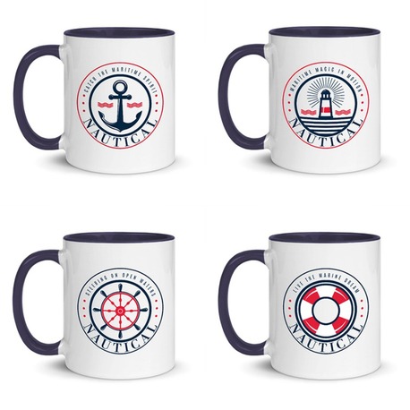 Denizcilik Rozetleri Temalı 4 adet Mavi Kulplu Kupa Bardak Seti , Mug, Marin, Deniz, Sailing