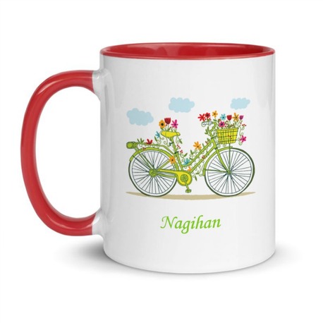 Kişiye Özel İsimli Hediyelik – Çiçekli Bisiklet Temalı Kırmızı Saplı Kupa, Mug