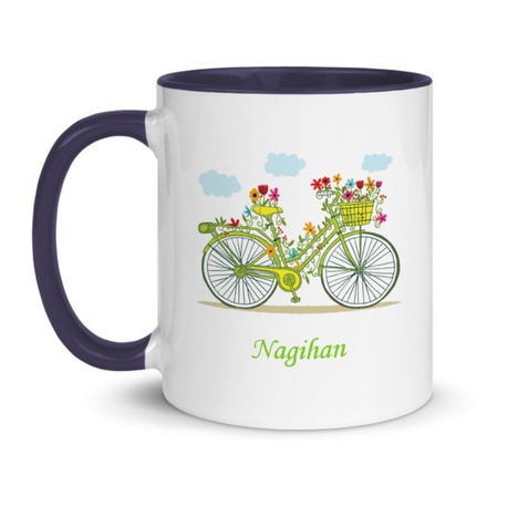 Kişiye Özel İsimli Hediyelik – Çiçekli Bisiklet Temalı Mavi Saplı Kupa, Mug