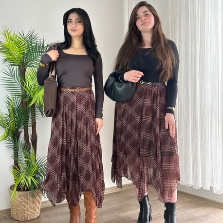 BEL LASTİKLİ ASTARLI KAHVE ŞİFON ETEK