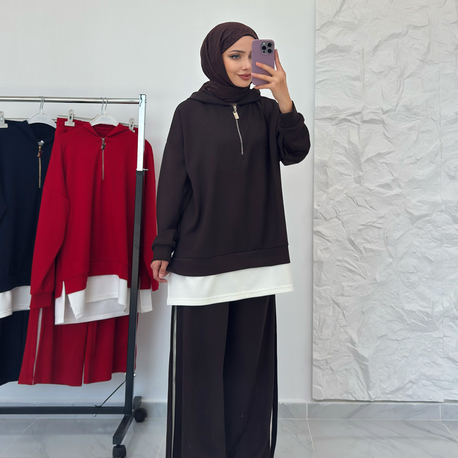 KAHVE / ŞERİT DETAYLI EŞOFMAN TAKIMI