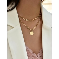 Gold Color Rectangle Chain Round Sequin Charm Layered Necklace 