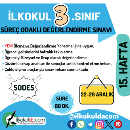 3. Sınıf 15. Hafta (22-26 Aralık) Süreç Değerlendirme Sınavı (SODES)