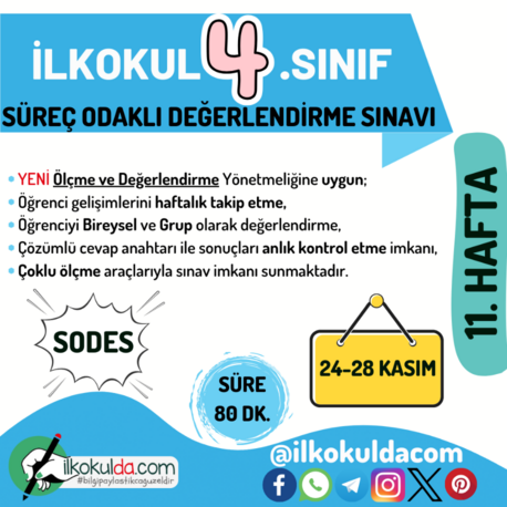 4. Sınıf 11. Hafta (24-28 Kasım) Süreç Değerlendirme Sınavı (SODES)